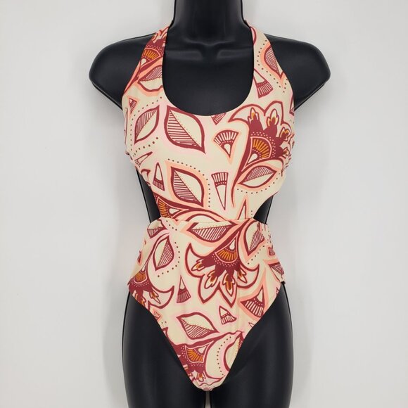 Aerie Boho Floral Print Cut Out Open Back One Piece Swimsuit S  Peach Red - Picture 1 of 10